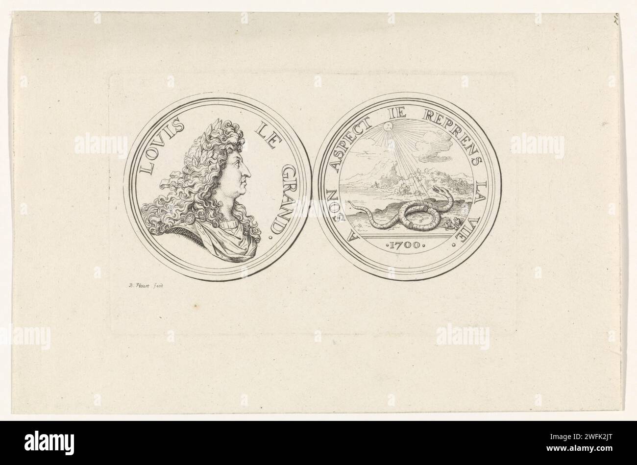 Penning con il ritratto di Luigi XIV (variante grande), Bernard Picart, 1700 - 1733 stampa Penning con il ritratto di Luigi XIV, re di Francia. Dall'altra parte una rappresentazione emblematica del suo governo: Un serpente, con un corpo rotto, è illuminato dai raggi del sole. Carta di Parigi incisione/incisione del sole come corpo celeste. serpenti. medaglia (considerata come un pezzo di scultura, indipendentemente dalla sua specifica funzione) Foto Stock