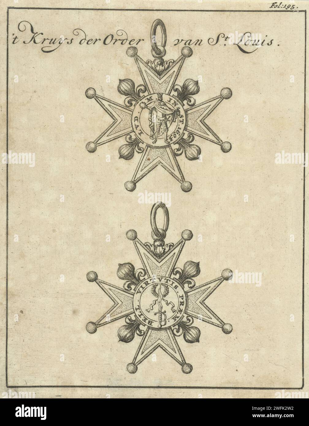 Croce di cavaliere dell'ordine di Saint Louis, fronte e retro, Jan Luyken, 1693 stampa in alto a destra di Germerk: Fol: 195. Ordine dei coltelli per incisione su carta Amsterdam Foto Stock