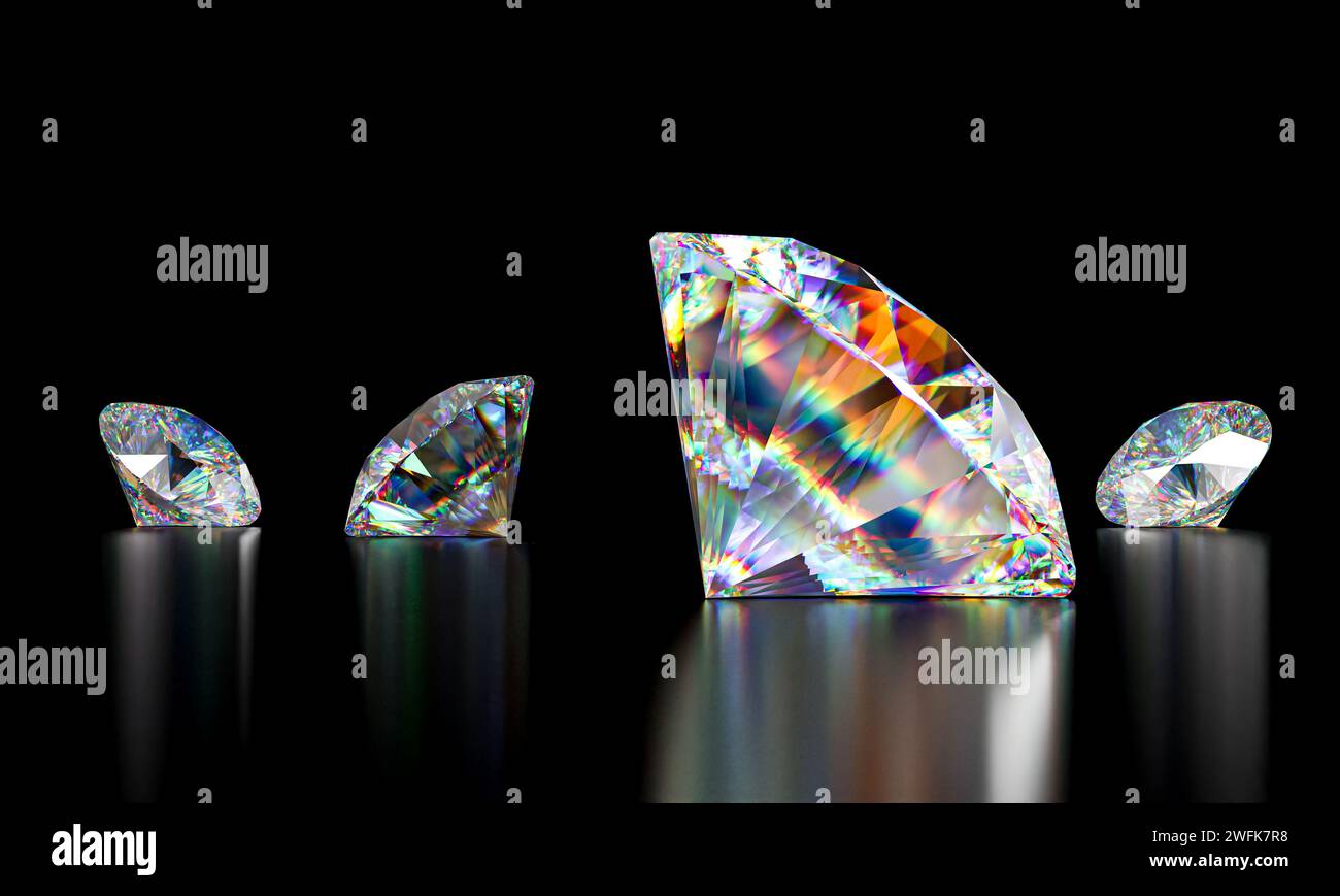 diamanti dal taglio classico e iridescente su sfondo nero. rendering 3d. Foto Stock