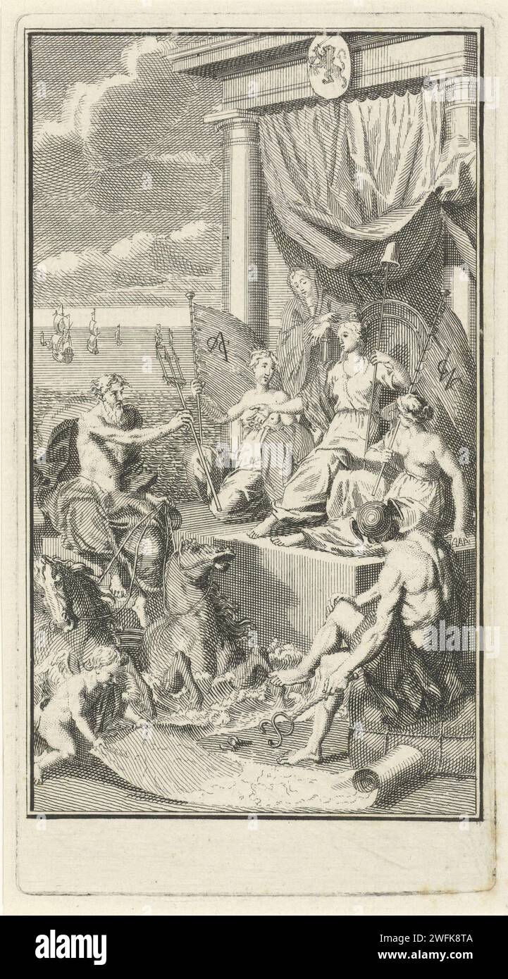 Allegoria del potere della Repubblica dei sette Paesi Bassi Uniti come Sembership, Bernard Picart (laboratorio di), stampa del 1730 Neptunus dona il suo tridente, che simboleggia il dominio sui mari del mondo, alla personificazione della Repubblica dei sette Paesi Bassi Uniti. Ha una lancia con cappelli per la libertà ed è circondata dalle personificazioni della compagnia delle Indie Orientali (VOC) e della compagnia delle Indie occidentali (WIC). A destra mercurio con il suo Caduceus punta la mappa del mondo che viene lanciata da un putto. Con un margine vuoto. Amsterdam paper etching / incisione Faith, 'Fides'; 'fede', 'fede Foto Stock