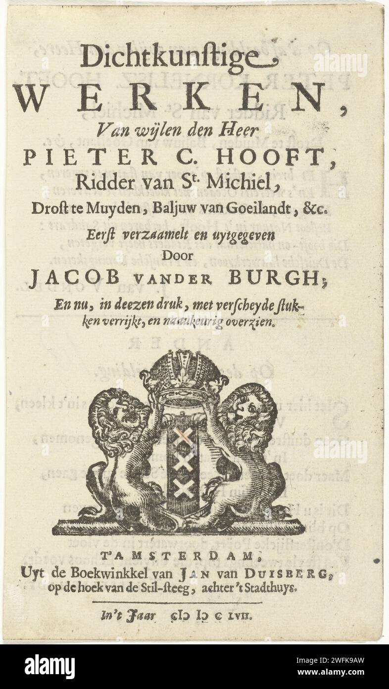 Titolo con Wapen van Amsterdam, Cornelis van Dalen (i) (attribuzione rifiutata), 1657 fogli di testo per incisione/stampa tipografica Foto Stock