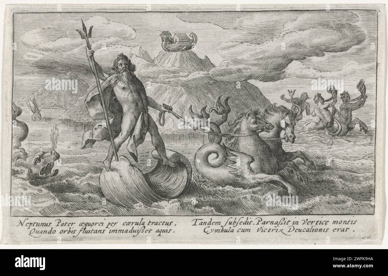 Neptunus calma le onde, Crispijn van de Passe (i), 1602 - 1607 stampa Neptunus si trova sulla sua auto che è trainata da cavallucci marini e abbassa di nuovo l'acqua sulla terra. Sullo sfondo l'Arca di Deucalion e Pyrrha che fu lavata in cima a una montagna. Nel margine una didascalia a quattro righe, in due colonne, in latino. Incisione di carta di Colonia quando le acque calano, l'arca di Deucalion e Pyrrha si ferma sulla cima di una montagna Foto Stock