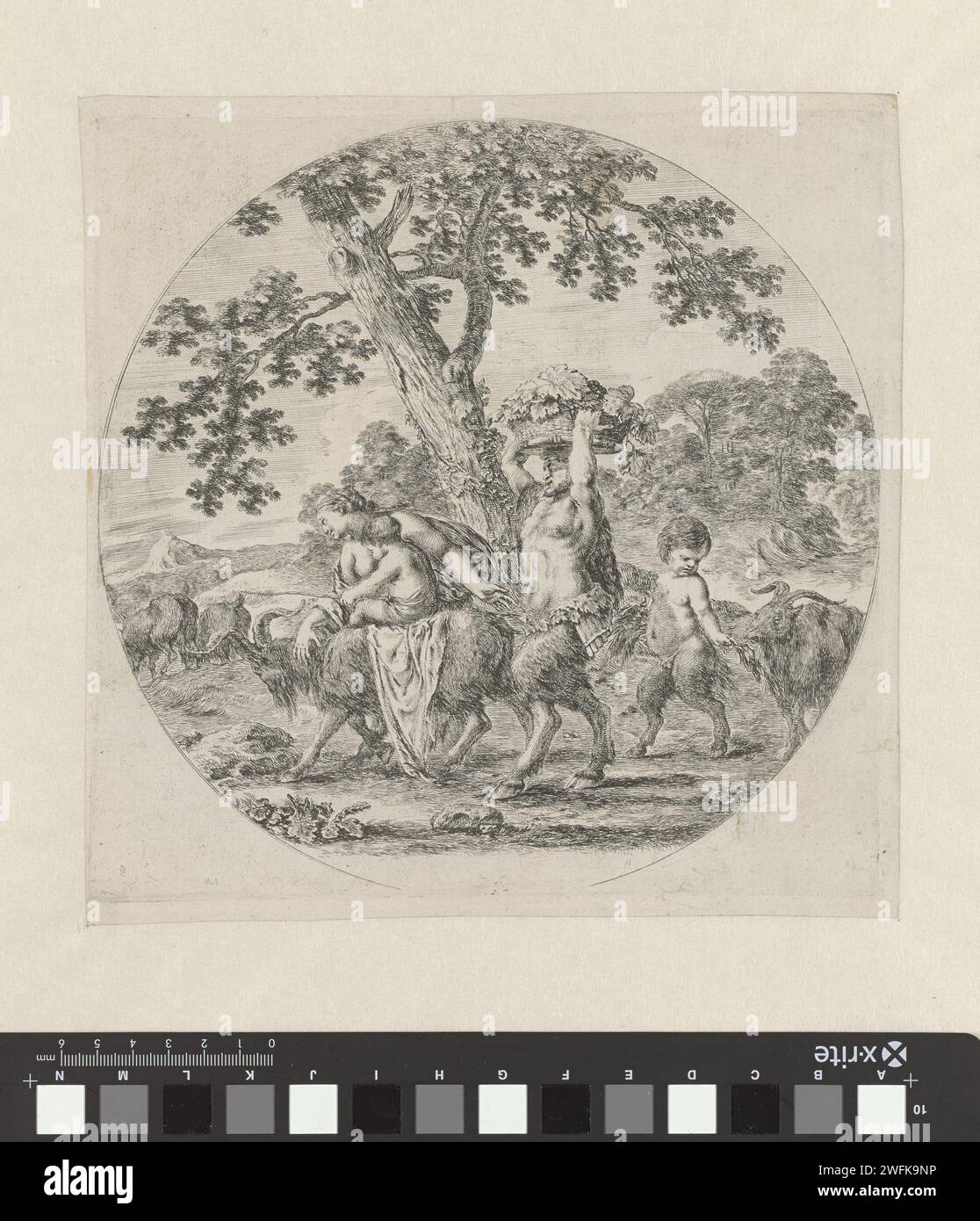Saterfamilie incontra Geiten, Stefano della bella, 1620 - 1664 stampa Un Sater una ninfa e due ragazzi camminano a sinistra con le loro capre. (possibilmente) satiro/i di incisione della carta (in generale). ninfe (in generale); 'Ninfe in commune' (Ripa). capra Foto Stock