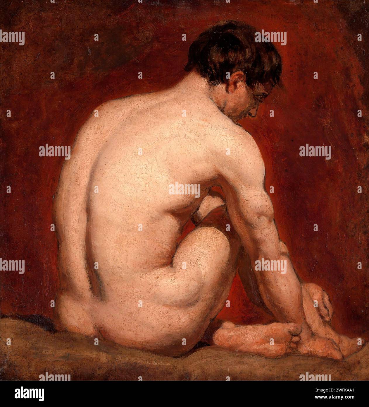 William Etty. Pittura intitolata "male nude, Kneeling, from the Back" dell'artista inglese William Etty (1787-1849), olio a bordo, c. 1840 Foto Stock