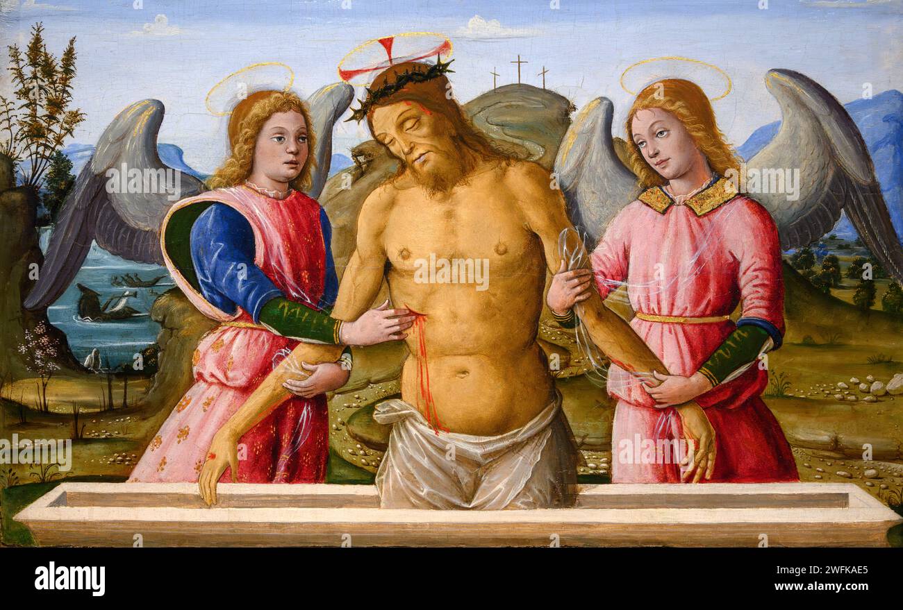 Bernardino Fungai. Pittura intitolata "il Cristo morto sostenuto da due angeli" dell'artista italiano Bernardino Fungai (1460– 1516 c.), tempera olio e dorato su pioppo, c. 1498-1501 Foto Stock