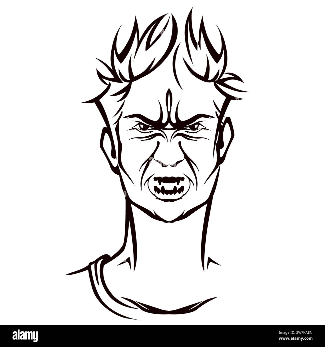 Personaggio arrabbiato con un volto demoniaco follia Illustrazione Vettoriale
