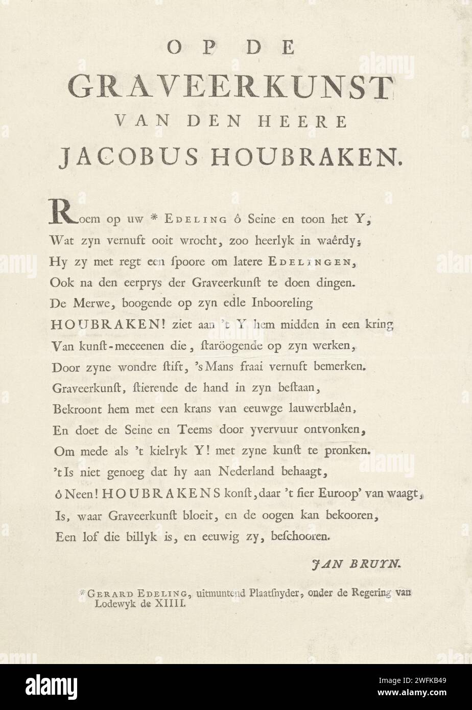 Sull'arte dell'incisione di Lord Jacobus Houbraken, Jan Bruyn (Schrijver), 1760 foglio di testo foglio di testo con un titolo a quattro righe in olandese e sotto un verso di sedici righe in olandese. Al di sotto di quelle altre due linee in olandese. Stampa di carta da lettera Amsterdam Foto Stock