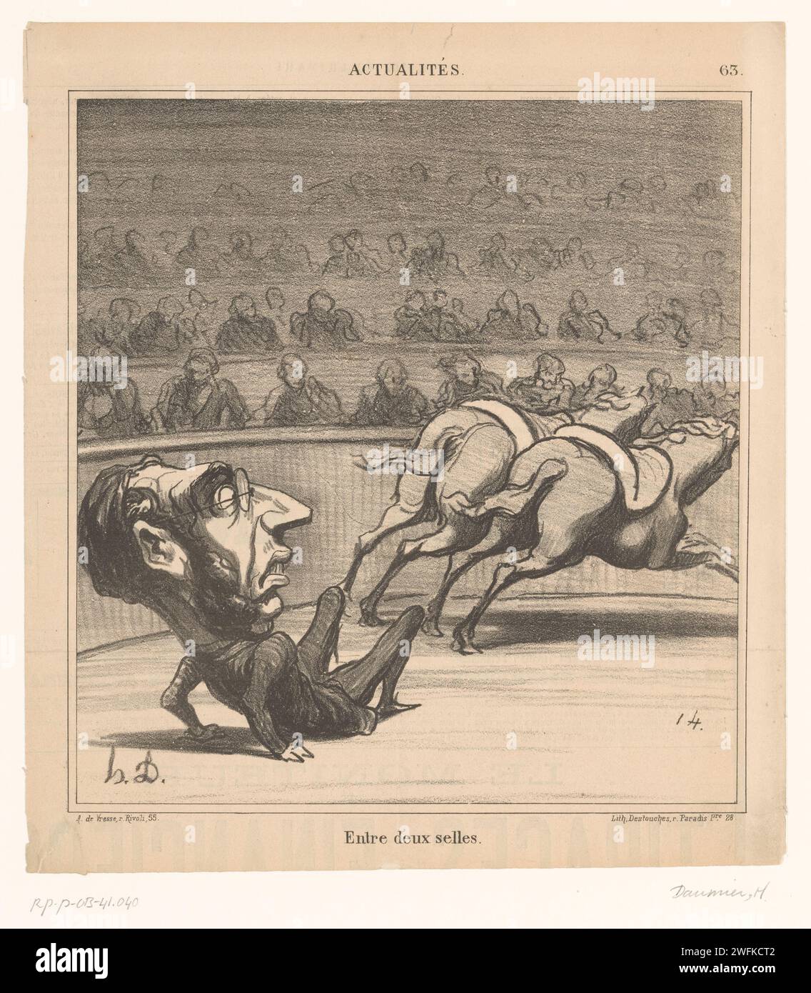 Caricatura del politico Émile Ollivier come cavaliere caduto, Honoré Daumier, 1869 caricature di carta di Parigi (tipi umani). caricature politiche e satire. persone storiche. corse ippiche Foto Stock