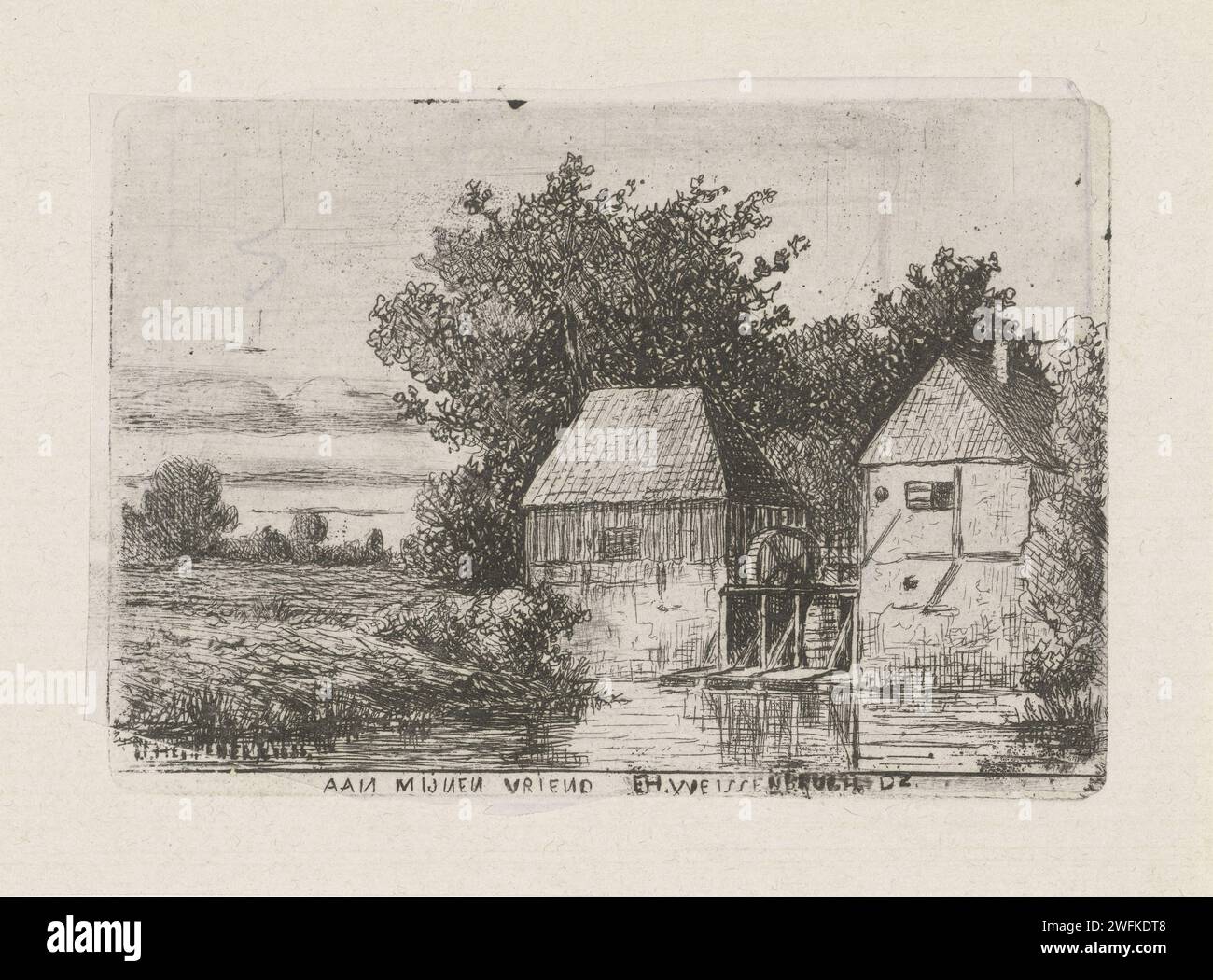 Paesaggio con Watermolen, Jan Heppener, c. 1841 - 1898 stampa il giornale dell'Aia. mulino ad acqua in paesaggio Foto Stock