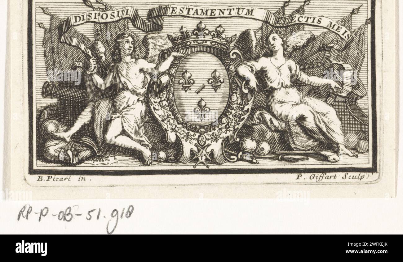 Stemma della monarchia francese, Pierre Francois Giffart, dopo Bernard Picart, 1683 - 1733 stampare lo stemma incoronato del Regno di Francia con al centro dell'ordine dello Spirito Santo. L'arma è affiancata da un uomo e una donna. Wapentuig giace sul pavimento. Su un banderolo sopra l'arma il motto: Disposui Testamentum Electis Meis (ho fatto un patto con il mio prescelto). Stemma inciso/inciso in carta francese (simbolo dello stato, ecc.) Foto Stock