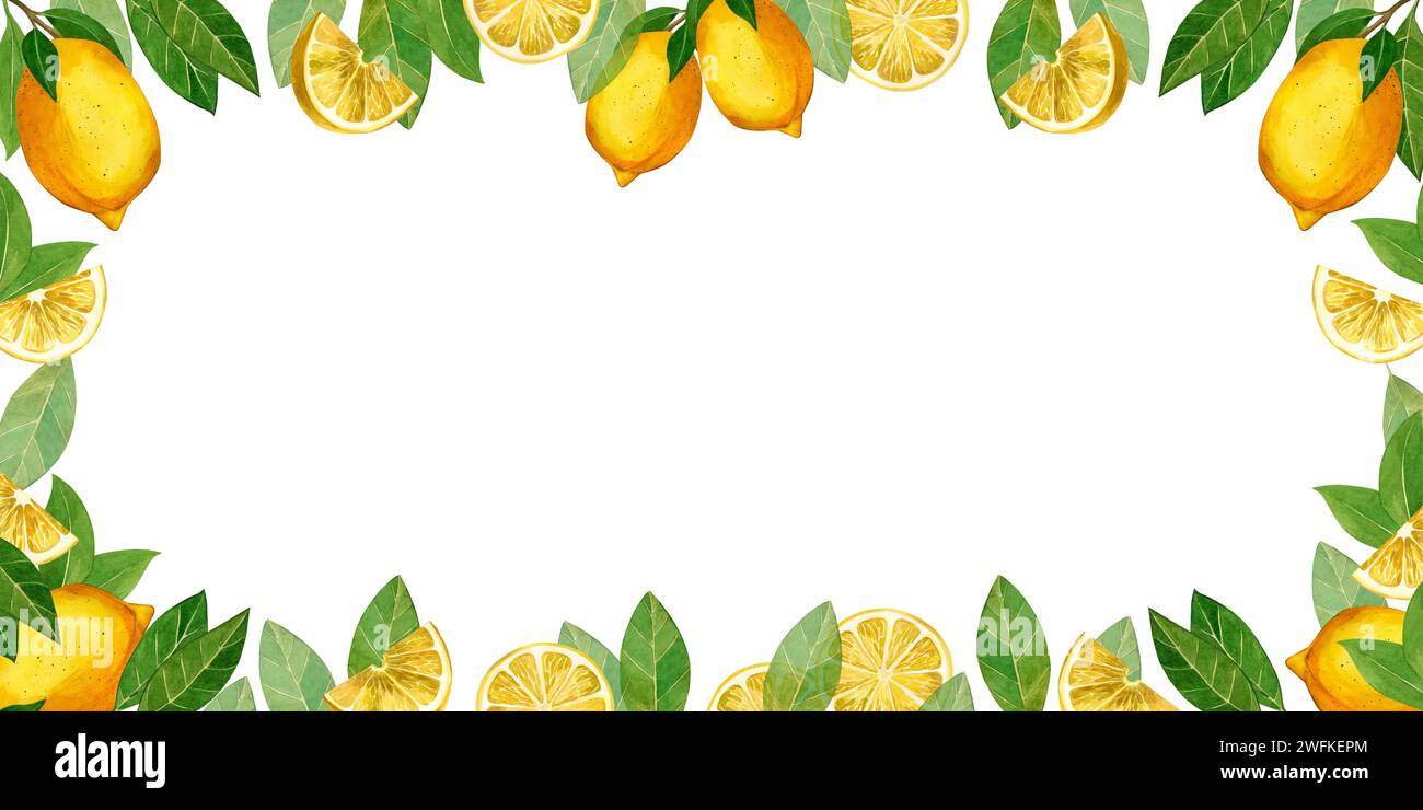 Lemon. Cornice rettangolare con limoni gialli e foglie verdi, fette di limone. Tutti gli elementi sono dipinti a mano con acquerelli. Per la stampa su tessuto Foto Stock