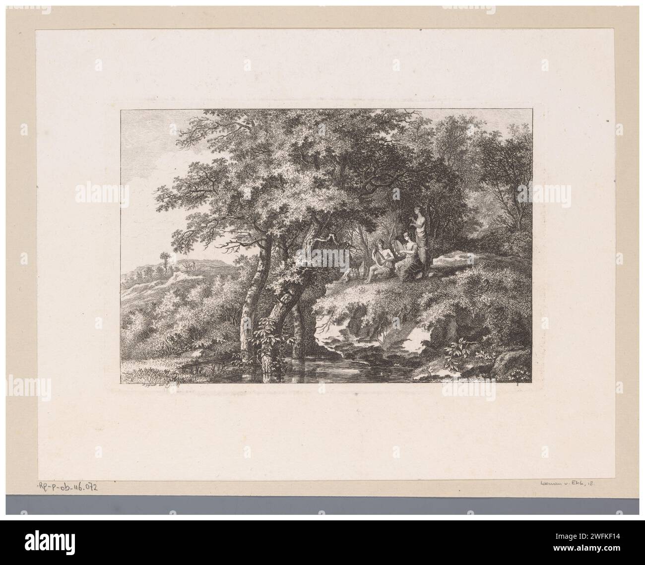 Musicing Trio in an Arcadian Landscape, Salomon Gesner, 1767 carta stampata incide più di un musicista con strumento. Formazioni rocciose - HH - paesaggi ideali Foto Stock