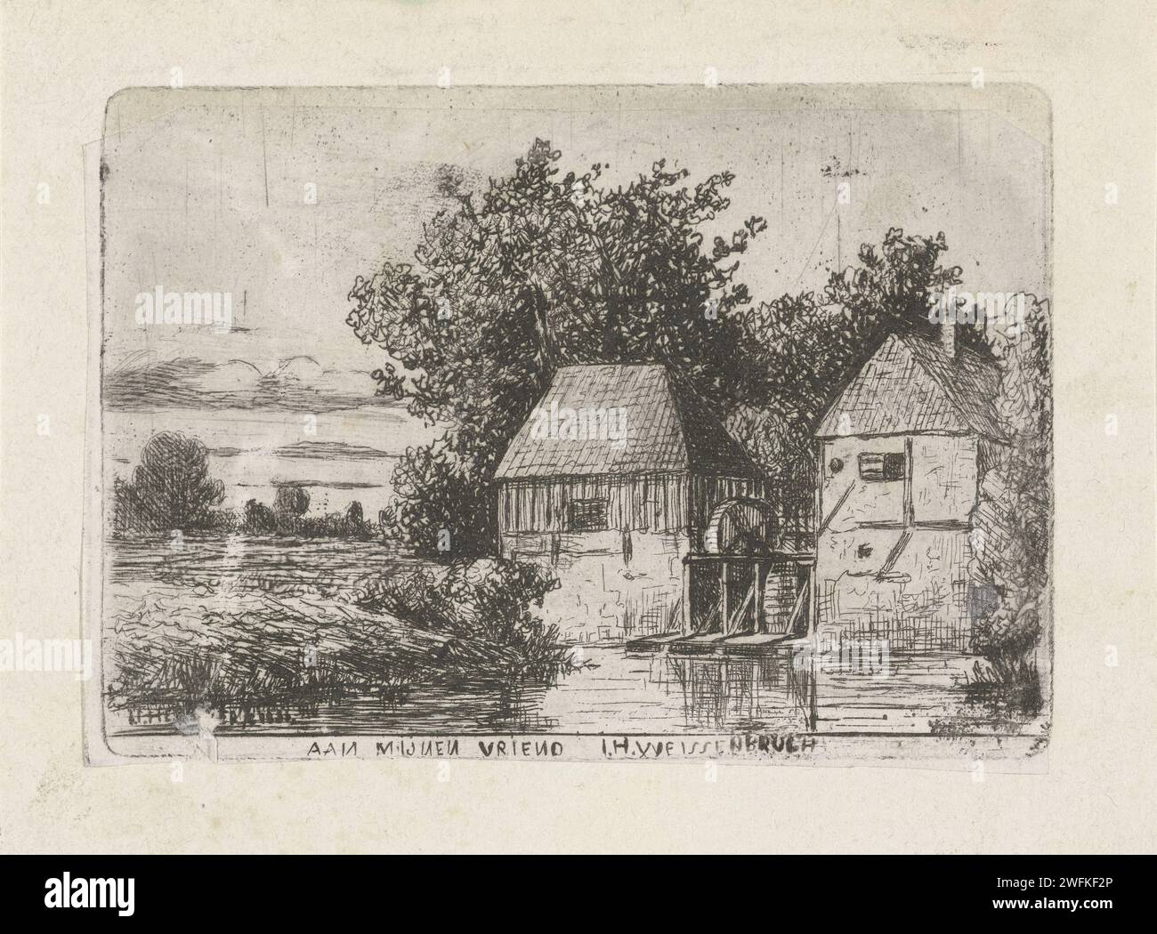 Paesaggio con Watermolen, Jan Heppener, c. 1841 - 1898 stampa il giornale dell'Aia. mulino ad acqua con incisione a matita in paesaggio Foto Stock