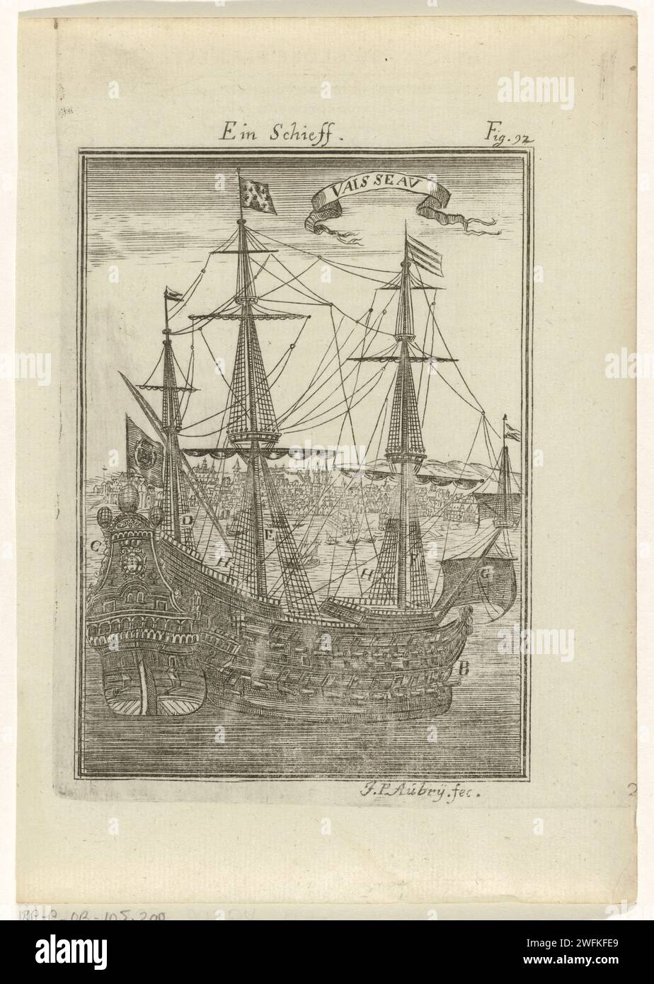 Zeilschip, Johan Philipp Aubry, dopo Anonymous, 1719 stampa Una nave a vela con le armi sul discorso di una città. Le varie parti della nave sono alfabetizzate da B a H. in alto a destra: Fig. 92. Frankfurt am Main paper etching sailing-ship, sailing-boat Foto Stock