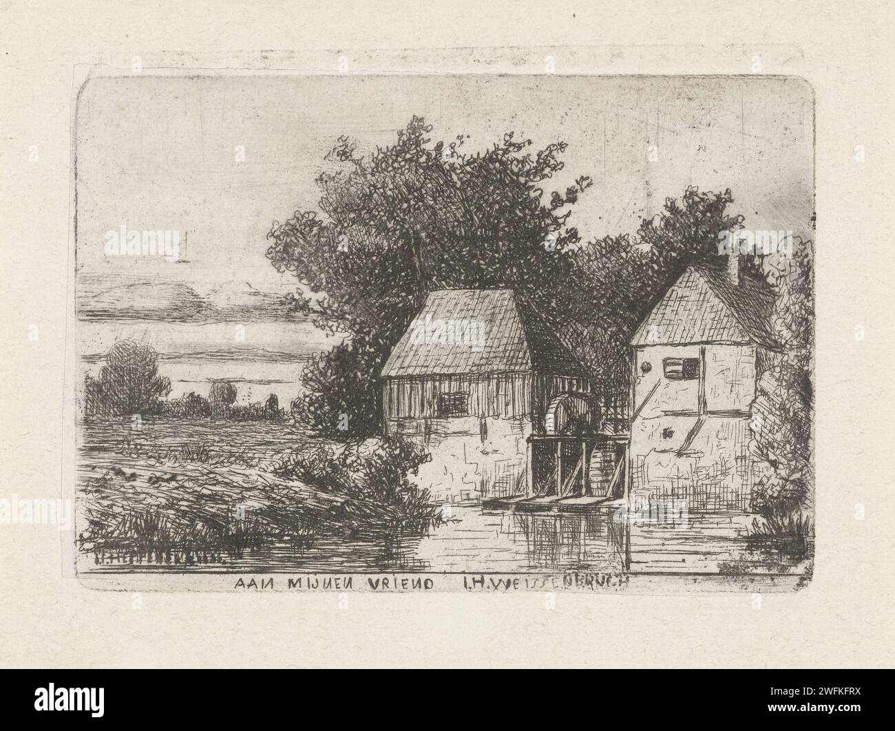 Paesaggio con Watermolen, Jan Heppener, c. 1841 - 1898 stampa il giornale dell'Aia. acquaforte / punto a secco mulino ad acqua nel paesaggio Foto Stock