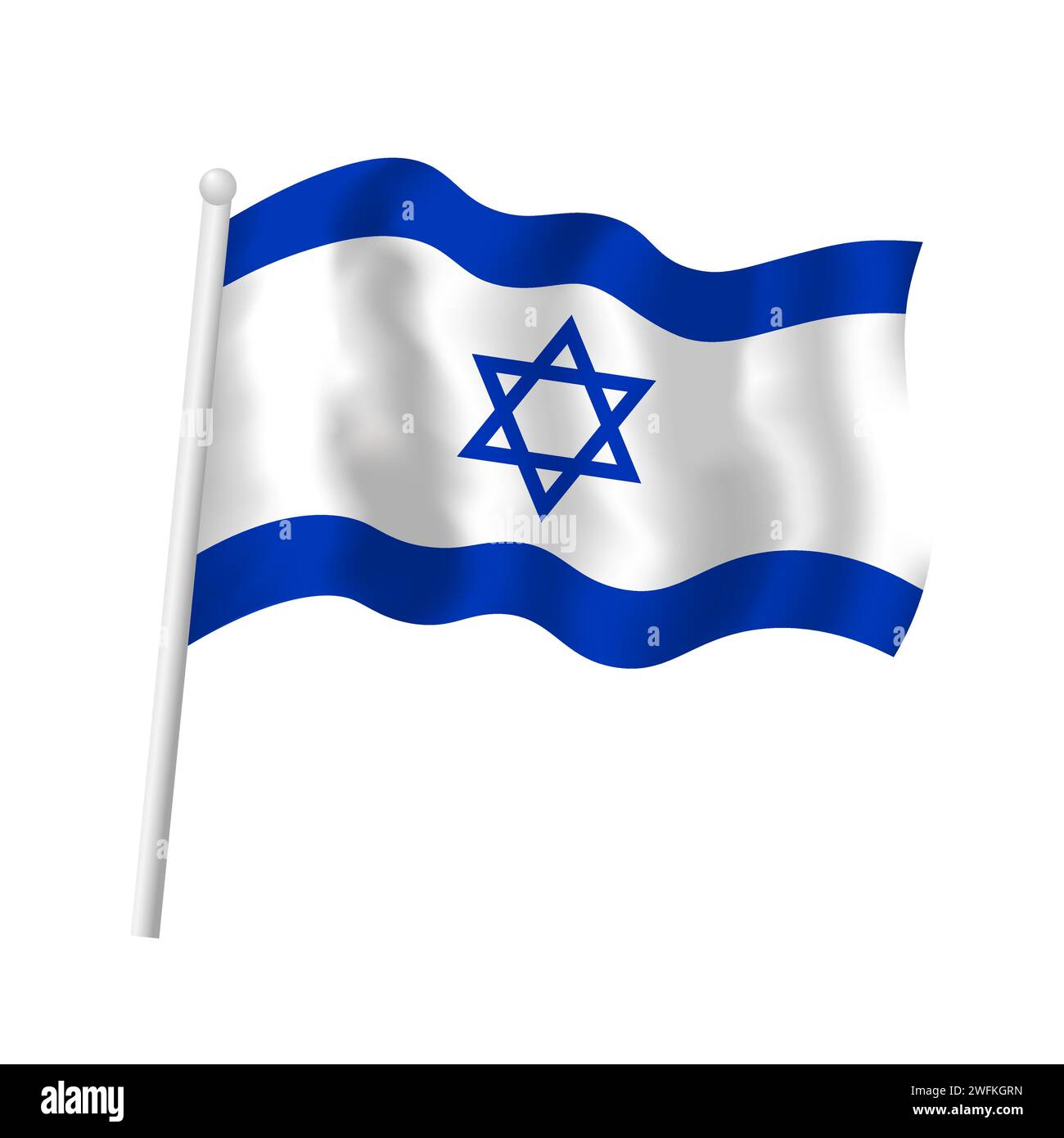 Bandiera di Israele su asta di bandiera che sventola nel vento. Illustrazione vettoriale isolata della bandiera israeliana con esagramma blu, stella di David Illustrazione Vettoriale