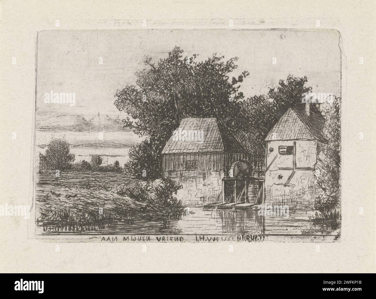 Paesaggio con Watermolen, Jan Heppener, c. 1841 - 1898 stampa il giornale dell'Aia. acquaforte / punto a secco mulino ad acqua nel paesaggio Foto Stock