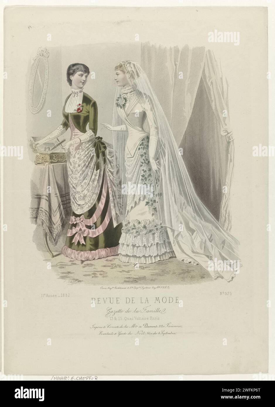 Rivista di moda, Family gazette, 1882, undicesimo anno, no 575: Petticoats & Corsets (...), E. Cheffer, 1882 due donne in un interessante, a un tavolo su cui una scatola di gioielli aperta. A sinistra: Abito rosa e verde muschio con motivo floreale. A destra: Abito da sposa con stoffa, decorato con corsaggi di fiori. Un lungo velo sulla testa. Sotto la performance alcune righe di testo pubblicitario per prodotti diversi. Stampa dalla rivista di moda Revue de la Mode (1872-1913). Targhe di moda in carta di Parigi. abito, abito (+ abiti da donna). Guanti, guanti (GUANTI LUNGHI) (+ abiti da donna). jewel-box (+ wo Foto Stock