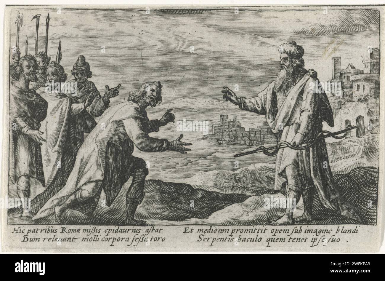 Aesculapio riceve senatori da Roma, Crispijn van de Passe (i), 1602 - 1607 stampa Aesculapio, figlio di Apollo, riceve il Senato da Roma, che gli chiede la salvezza. Nella mano sinistra, il dio tiene in mano un bastone di pastore intorno al quale un serpente si agita. Predice ai senatori che assumerà quella forma. Nel margine una didascalia a quattro righe, in due colonne, in latino. Carta di Colonia che incide un' ambasciata romana nel tempio di Esculapio ad Epidauro (+ variante) Foto Stock