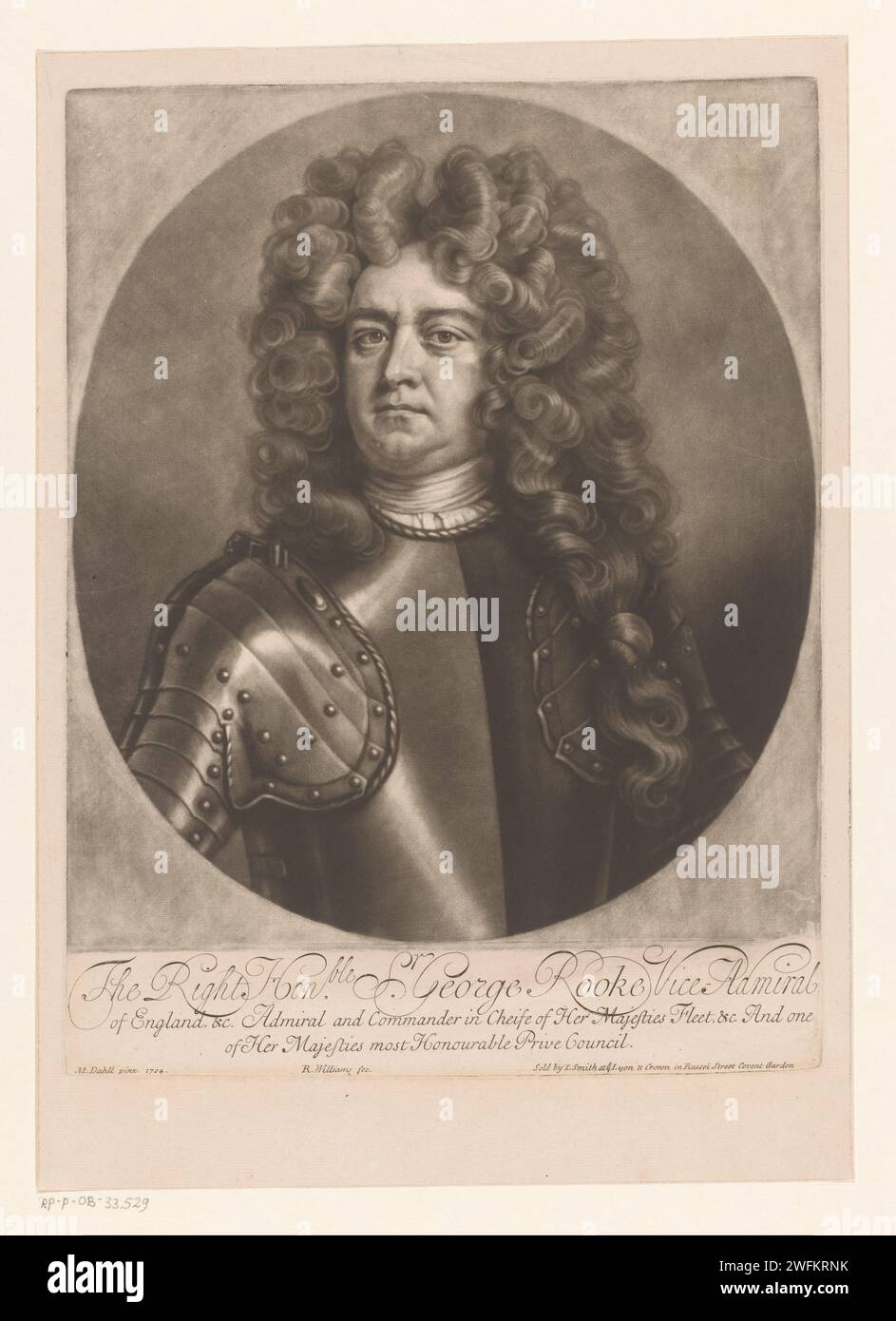 Portret van George Rooke, Robert Williams, dopo Michael Dahl, 1704 - 1742 stampa testo in inglese nel margine inferiore. Persone storiche del giornale londinese. comandante in capo, ammiraglio Foto Stock