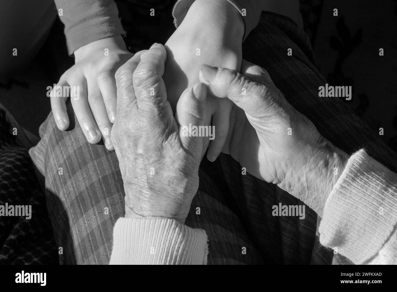 Le mani di Nonna e nipote Foto Stock