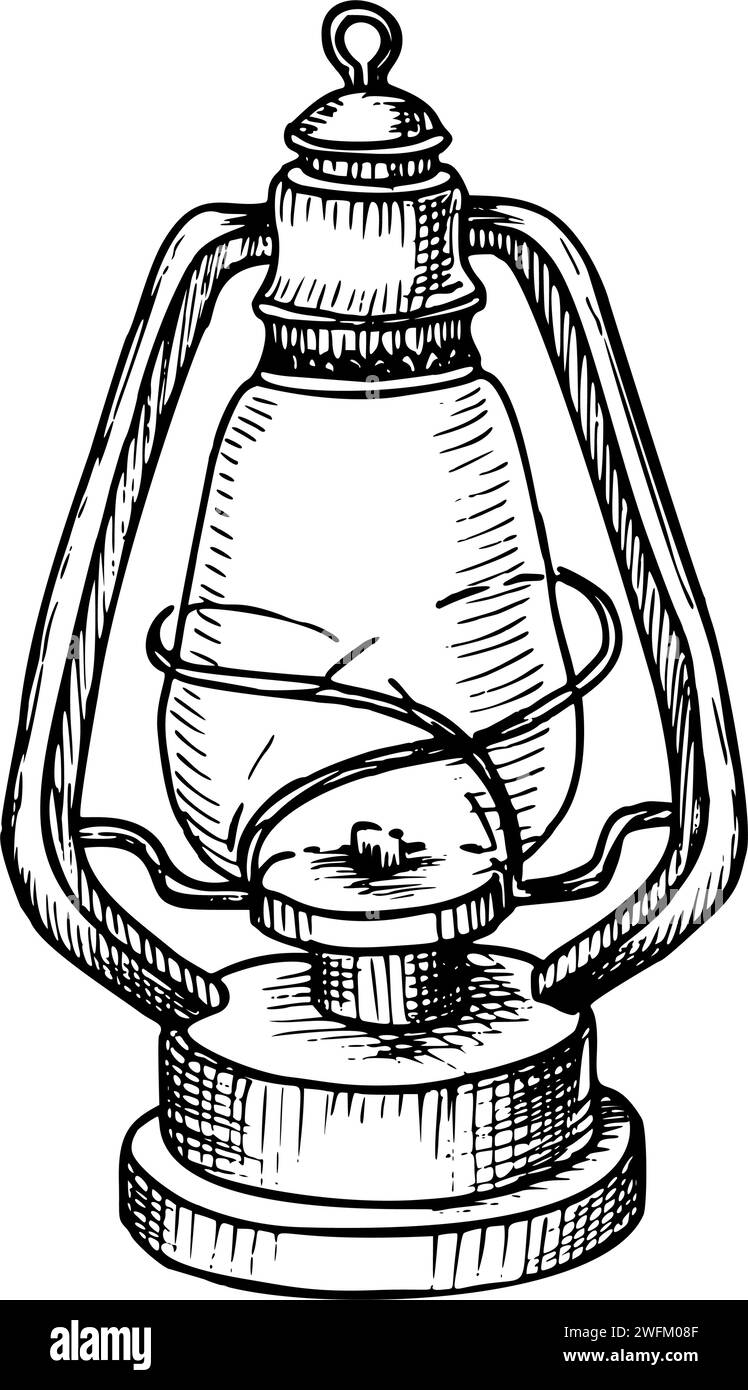 Lanterna d'epoca. Illustrazione vettoriale disegnata a mano della vecchia lampada a cherosene dipinta con inchiostri neri. Reperto di attrezzature in metallo retrò per viaggi e avventure. Antico elemento in vetro arrugginito per icona o logo. Illustrazione Vettoriale
