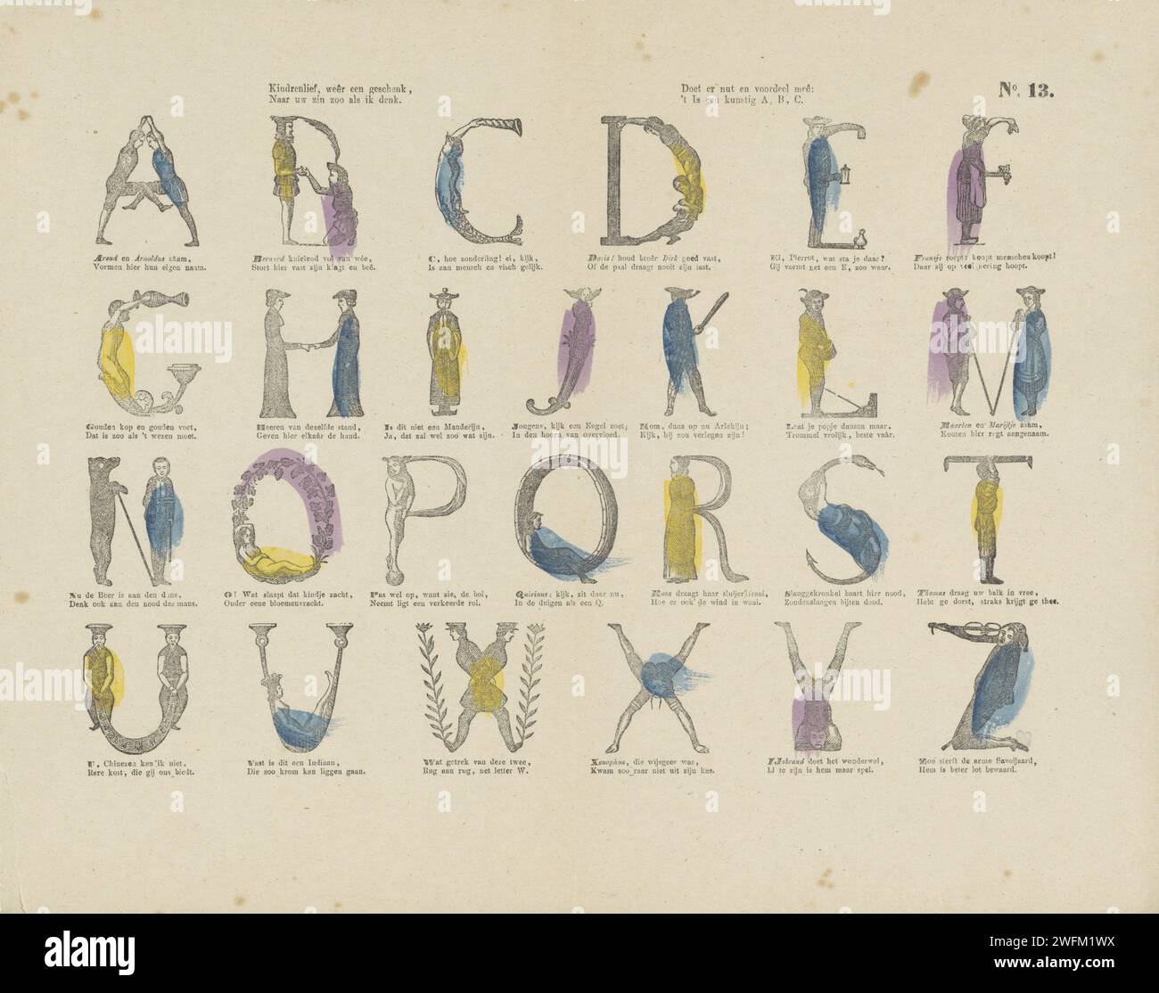 Bambino rider, un regalo, / alla tua volontà come penso. / C'è utilità e beneficio: / 'T è una foglia artistica A, B, C, 1850 - 1870 con 26 rappresentazioni delle lettere dell'alfabeto ritratte da figure umane. Sotto ogni immagine un verso bidirezionale. Numerato in alto a destra: N. 13. Editore: Amsterdampublisher: Amsterdamprint maker: Olandese carta tipografica lettere, alfabeto, scrittura. belle lettere Foto Stock