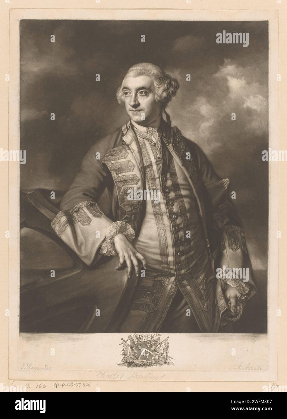 Portret van Charles Saunders, James McArdell, dopo Joshua Reynolds, 1760 - 1765 stampa London paper Historical Persons. comandante in capo, ammiraglio Foto Stock