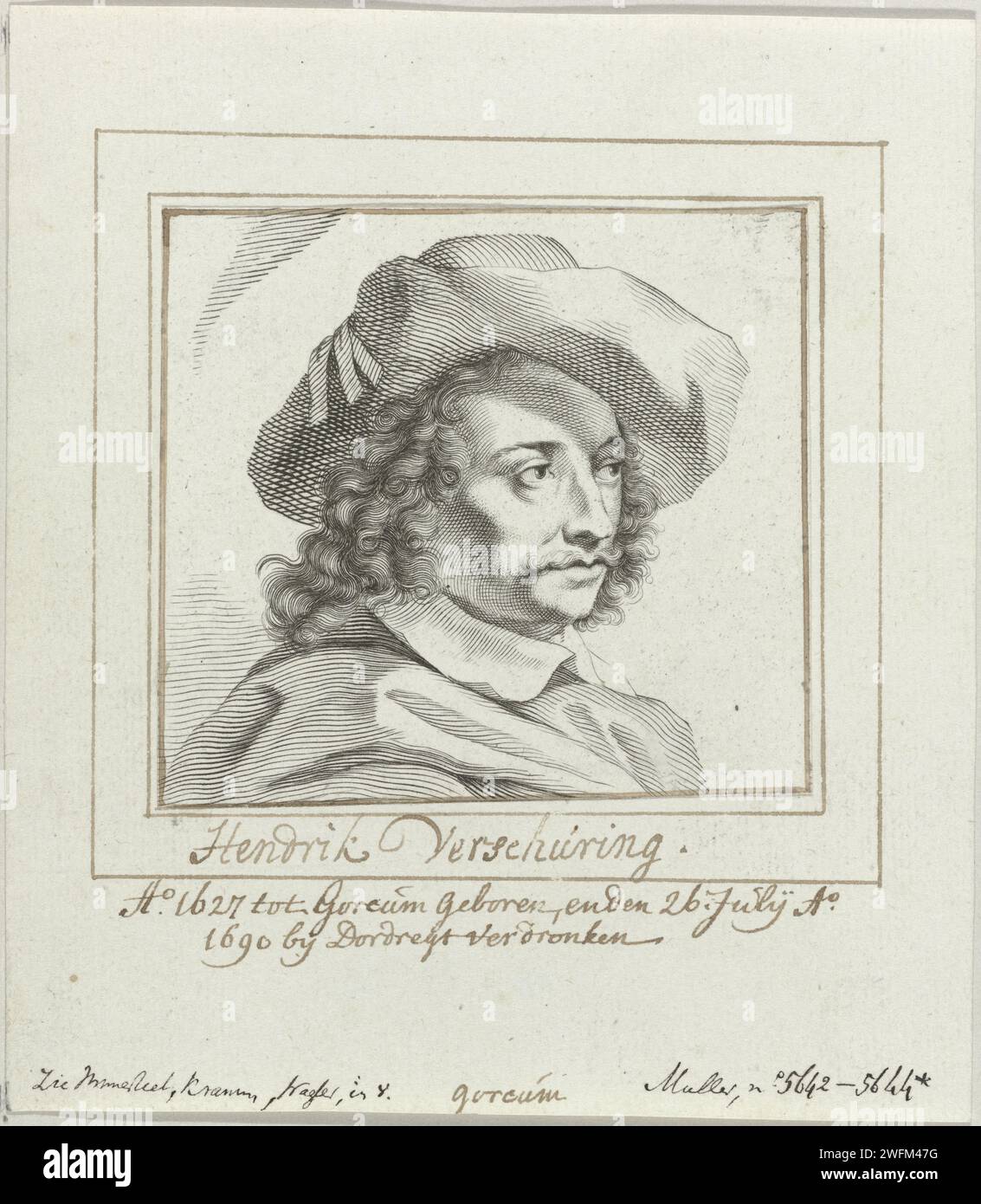 Ritratto di Hendrik Verschuring, Anonimo, c. 1637 - c. 1740 stampa Ritratto del pittore Hendrik Verschuring. carta. ritratto a penna a inchiostro, autoritratto dell'artista. ritratto, autoritratto del pittore. persone storiche Foto Stock