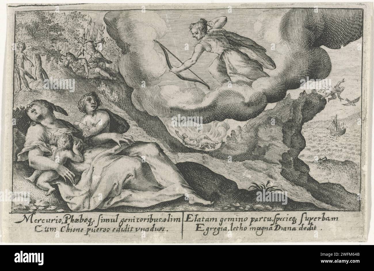 Diana uccide Chione, Crispijn van de Passe (i), 1602 - 1607 stampa Chione viene ucciso da Diana. I due figli che ha avuto da Apollo e mercurio, entrambi innamorati di lei, guardano. In fondo a sinistra Mercury che colpisce gli occhi di Chione con il suo staff, su cui si addormenta. A destra sullo sfondo Daedalion, padre di Chione, che colpisce il Parnaso e viene trasformato in uccello da Apollo. Nel margine una didascalia a quattro righe, in due colonne, in latino. Carta di Colonia incisione morte di Chione, figlia di Daedalion: Viene sparata nella lingua da Diana per aver paragonato la sua bellezza con quella Foto Stock