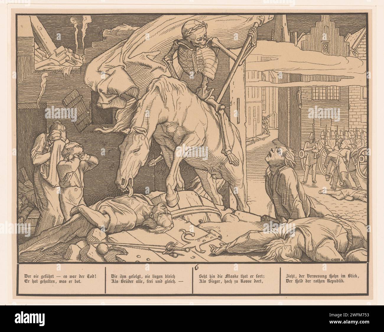 Visoring Death, August Gaber, Alfred Rethel, 1848 - 1849 stampa Allegoria della rivoluzione nei paesi tedeschi del 1848: "Ein Totentanz aus dem Jahre 1848", Volks Edition of Augustus. Danza di carta della morte; morte insieme a uno o più esseri umani. rivoluzione, rivolta Foto Stock