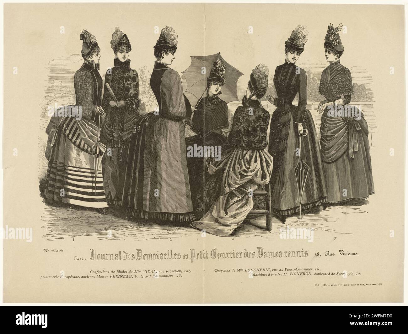 Journal of the Demoiselles e Little Courier des Dames riuniti, CA. 1885, No. 1084 bis: Modi di modi (...), Anonimo, c. 1885 sette donne in "Confections De Modes" di Mlles Vidal. Cappelli di Boucherie. Sotto alcune righe di testo pubblicitario per prodotti diversi. Stampa dalla rivista di moda Journal des Demoiselles (et Petit Courrier des Dames Réunis) (1833-1922). targhe di carta. abito, abito: abito da passeggio (+ abiti da donna). copricapo: cappello (+ abiti da donna). bastone da passeggio, personale, bastone da passeggio (+ vestiti da donna). Abbigliamento per la parte superiore del corpo (MANTELET) (+ abiti da donna) Foto Stock