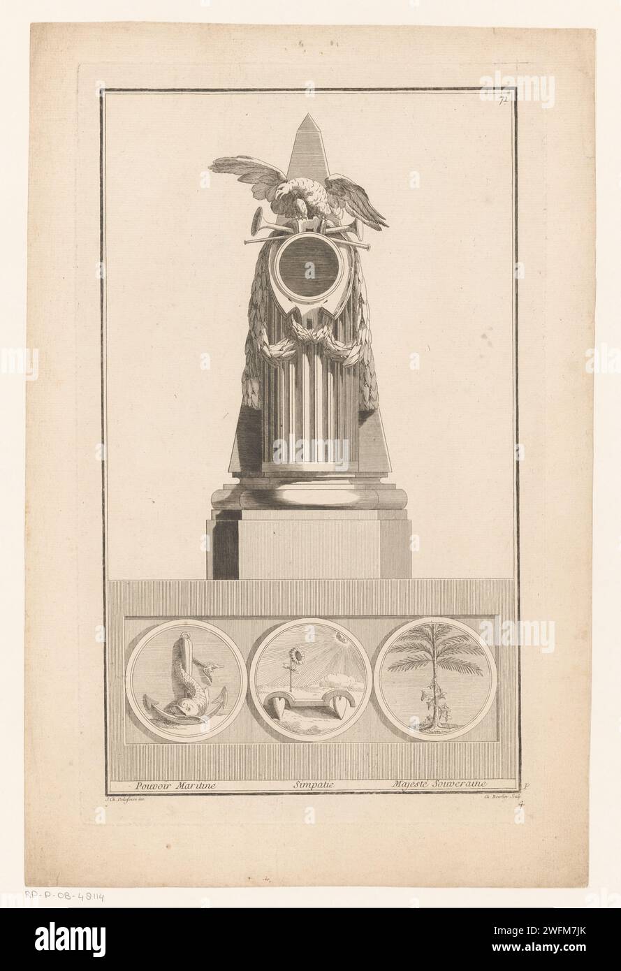 Marine, Sympathy in soevereine Majesteit, Charles Beurlier, dopo Jean Charles Delafosse, 1768 - 1771 stampare un pendolo decorato con ghirlande e un'aquila sulle trombe. Sotto i tre medaglioni rotondi, a sinistra con un'ancora e un delfino, al centro con un girasole e cuori e una palma a destra. Stampa il numero 71. Orologio per incisioni/incisioni in carta Parigi. marina. Misericordia, compassione; "Compassione", "Misericordia" (Ripa). sovrano, sovrano Foto Stock
