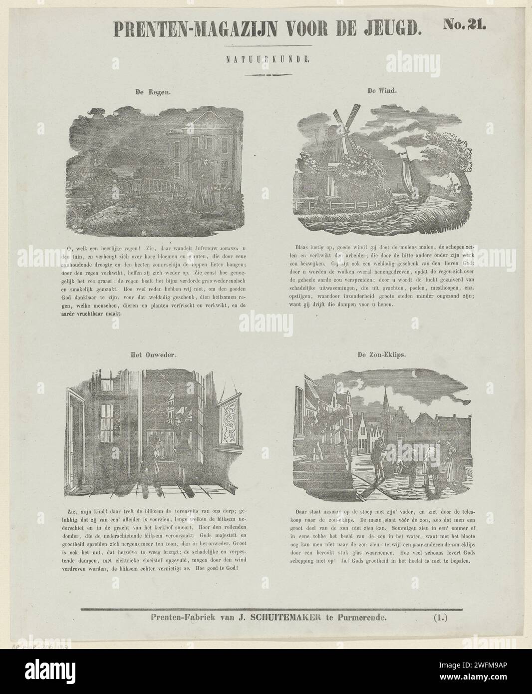 Pioggia, vento, tuono e un'eclissi solare, 1850 foglie stampate con 4 performance di fenomeni meteorologici: Pioggia, vento, tuono e un'eclissi solare. Un titolo sopra ogni performance e da sette a nove righe di testo sotto ogni performance. Numerato in alto a destra: N. 21, numerato in basso: (1.). Fenomeni meteorologici di stampa di carta stampata con carta Purmerend. pioggia. venti. temporale. eclissi solare Foto Stock