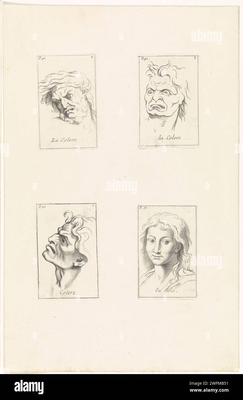 Performance di emozioni diverse, Bernard Picart, dopo Charles le Brun, stampa del 1711 Uncuted Leaf con quattro stampe con rappresentazioni delle teste degli uomini che esprimono emozioni diverse. Da sinistra a destra, dall'alto verso il basso: La Colere, la Colere, Colere, la Joie. Le stampe hanno un titolo in francese e sono contrassegnate da un numero di pagina e da una lettera. Amsterdam cartaceo incisione morfologia dell'espressione facciale Foto Stock