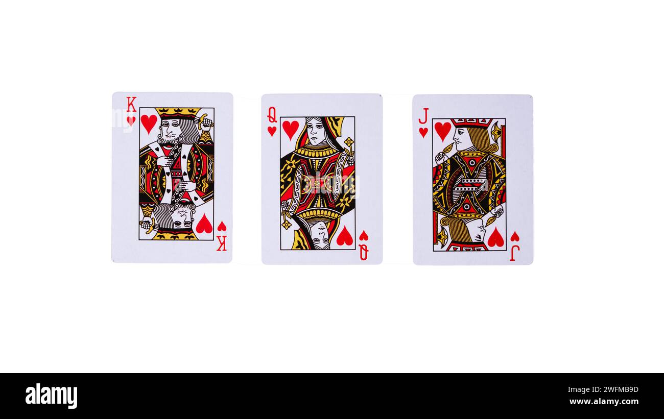In questa immagine delle carte da gioco si svolge uno spettacolo affascinante, ognuna delle quali è un capolavoro su uno sfondo bianco incontaminato. Unico e accattivante, il Foto Stock