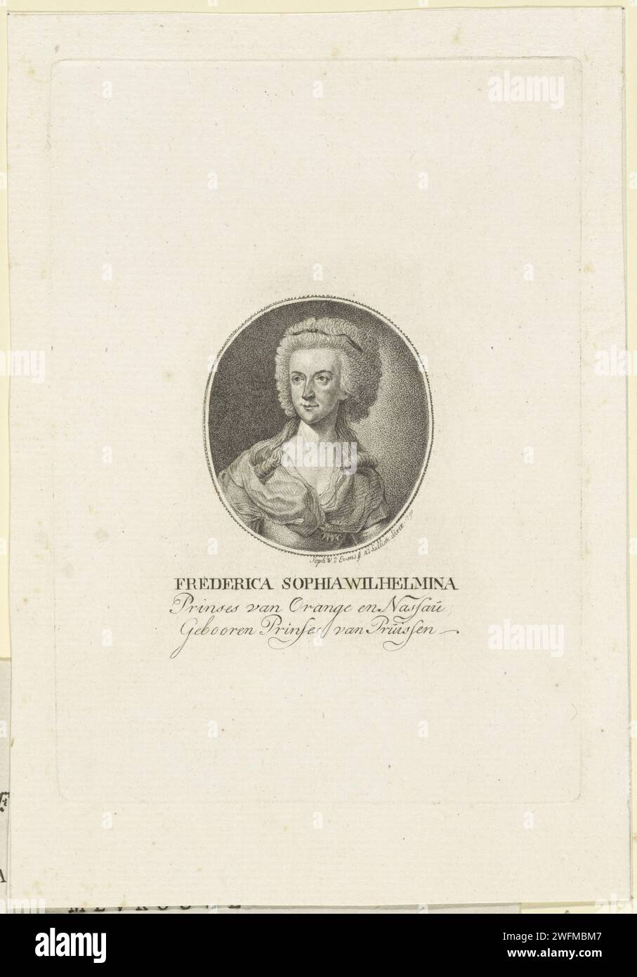 Ritratto di Wilhelmina van Pruisen, Sophia Wilhelmina Evans, 1790 stampa Ritratto di Wilhelmina in un ovale. Nel margine inferiore il suo nome e i suoi titoli. Testo esplicativo allentato nella stampa del libro. Tipografia: Rotterdam, Olanda settentrionale, incisione/incisione su carta Foto Stock