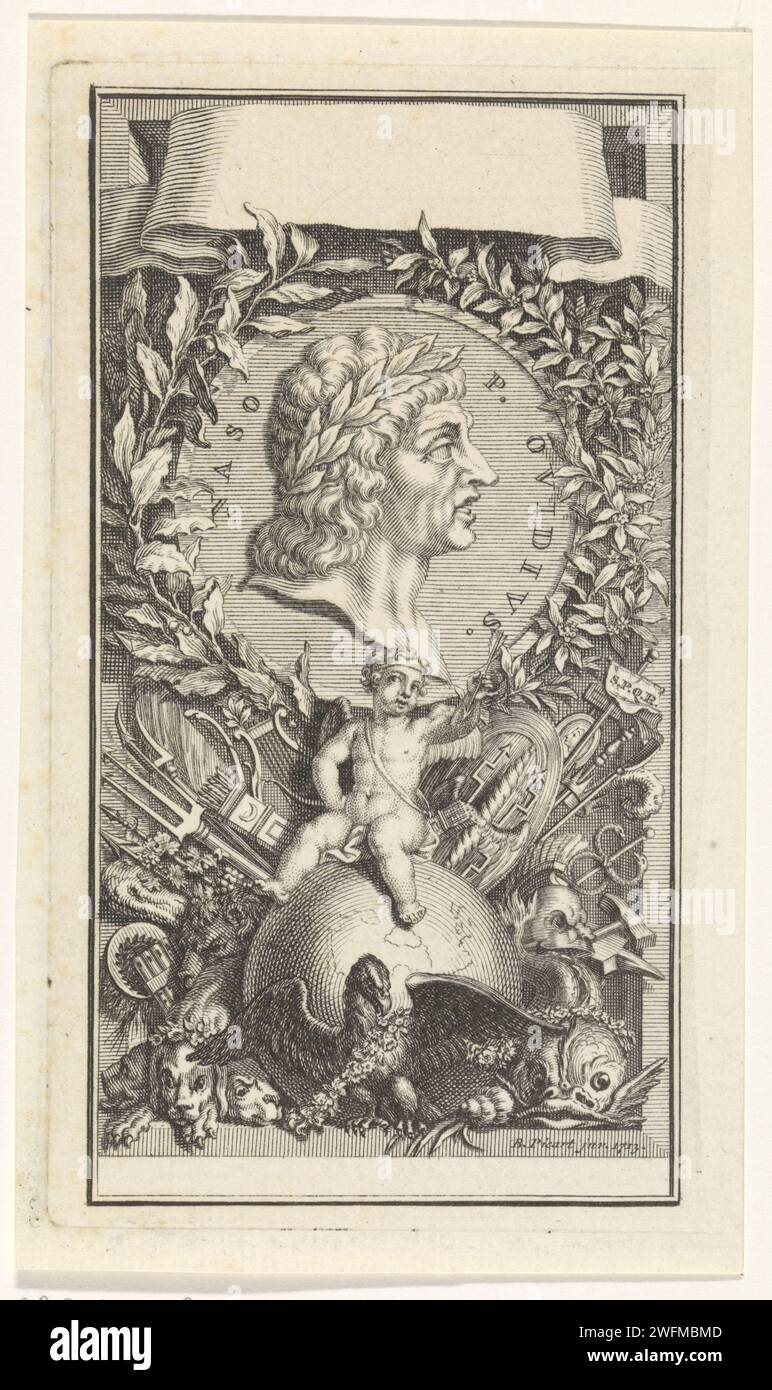 Frontespizio con il ritratto di Ovidio su un medaglione, Bernard Picart (workshop o), dopo Bernard Picart, 1713 stampa pagina del titolo con un cartiglio vuoto. Al centro un acclamato medaglione su cui il ritratto del poeta Publius Ovidius naso. In fondo all'amor su un globo e un'aquila come simbolo di vittoria. Incisione/incisione su carta di Amsterdam ritratto di uno scrittore. (Storia di) Cupido, Amor (Eros) Foto Stock