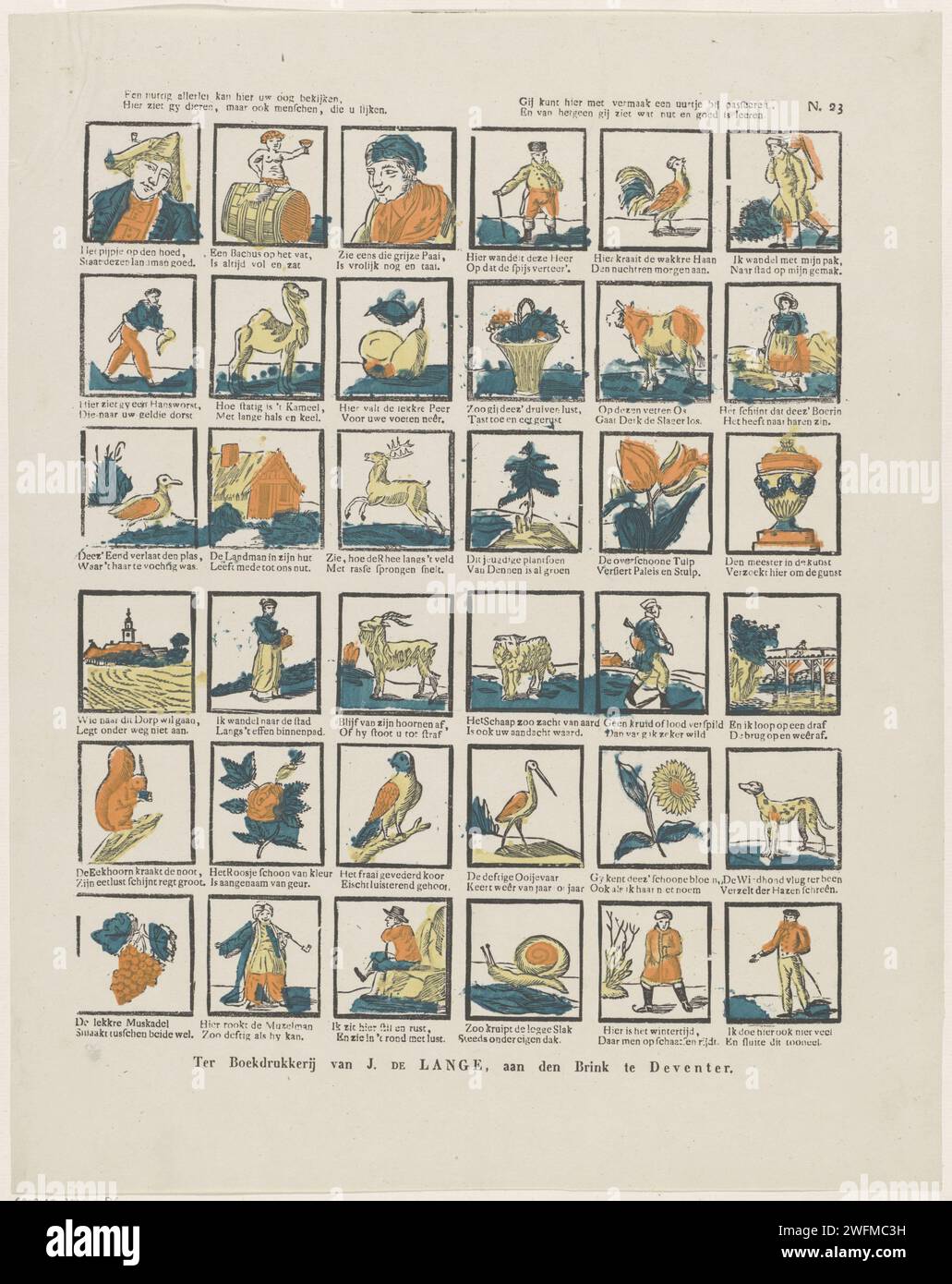 Un utile tutti i tipi possono vedere il tuo occhio qui, / qui vedi animali, ma anche persone che sembri. / Puoi passare un'ora con intrattenimento, / e da ciò che vedi che utilità e buon imparare, c. 1822 - 1849 fogli stampati con 36 spettacoli di figure, animali, piante e oggetti. Sotto ogni immagine un verso bidirezionale. Numerato in alto a destra: N. 23. Editore: Deventerprint Maker: Olanda carta da stampa da lettera animali. tipi umani. piante; vegetazione Foto Stock
