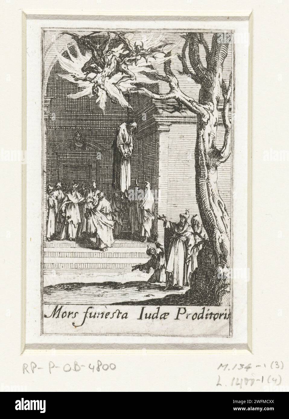 La morte di Giuda Iskariota, Jacques Callot, 1632 - 1634 stampare un certo numero di persone guardano con orrore il cadavere di Giuda Iskariota, che si è appeso. Gli esseri di Devilse portano la sua anima con loro. Sotto lo spettacolo una didascalia in latino. Questa stampa fa parte di una serie di 16 stampe, consistenti in un frontespizio e 15 esecuzioni della tortura subita dagli apostoli su carta di Nancy che incide Giuda impiccato Foto Stock