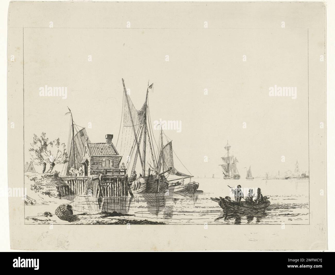Fronte del fiume con navi a vela ormeggiate, Willem Gruyter Jr., 1832 - 1880 stampare casa in legno presso un molo con navi a vela ormeggiate e sulla destra in primo piano una barca a remi con tre uomini. Due figure incise a sinistra sotto lo spettacolo. Amsterdam cartaceo a vela, barca a vela (+ quattro persone o più  traffico e trasporto). canottaggio, canoa, ecc. Foto Stock