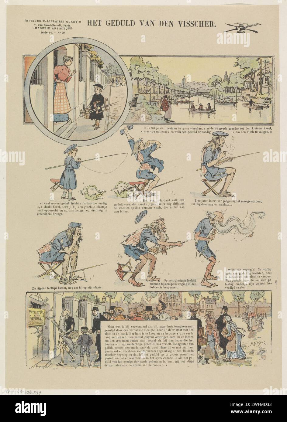 The Patience of the Visscher, 1897 fogli stampati con 4 file con esibizioni di Karel che andranno a pescare. Sua madre dice che deve essere paziente per questo. Karel è ancora sul lungomare cinquant'anni dopo. Una didascalia sotto ogni immagine. Numerato in alto a sinistra: Série 14. - No. 20. Fiabe e racconti di stampa su carta parigina. fisherman. pesca (sport) Foto Stock