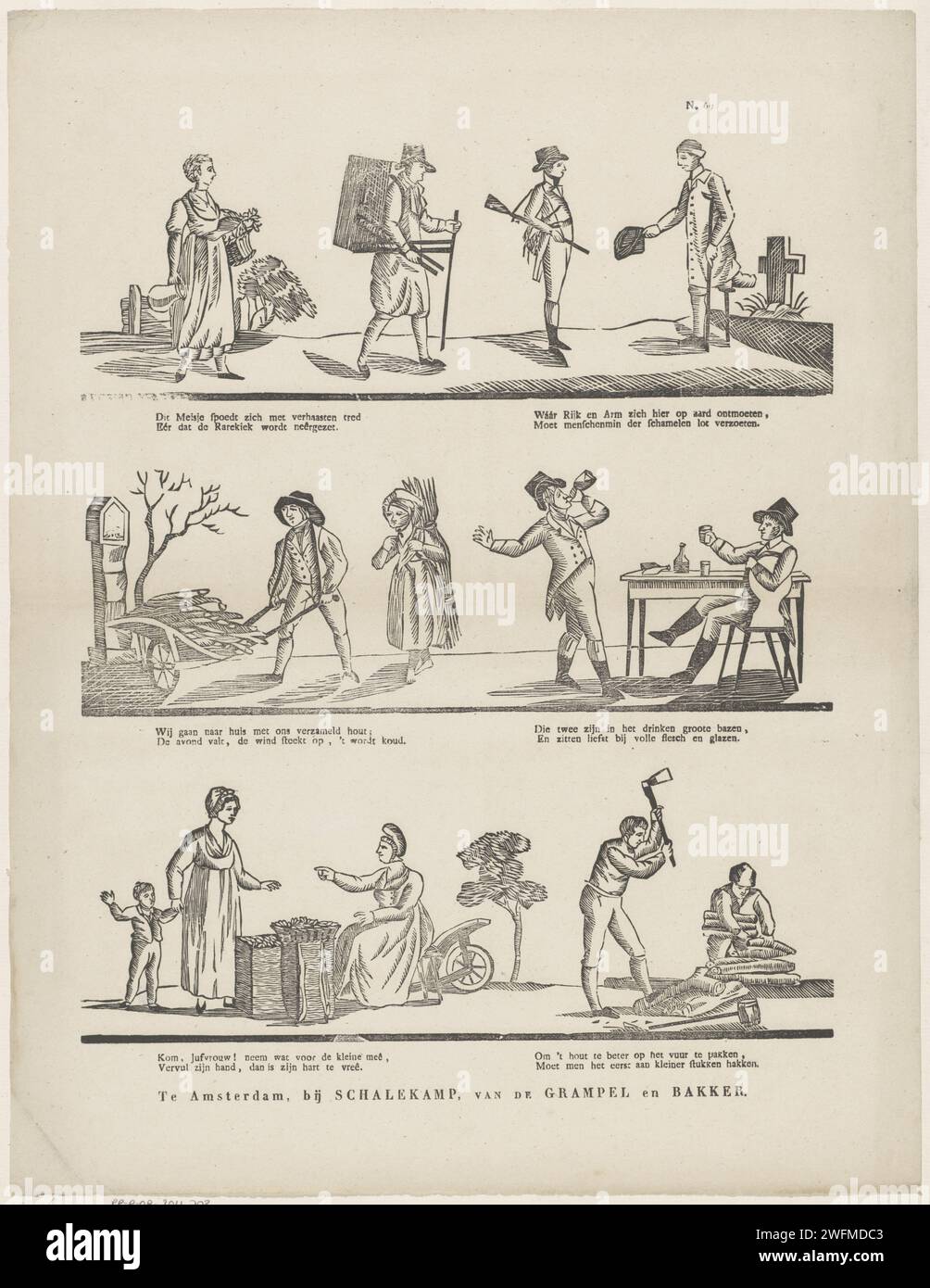 Figure e attività, 1822 - 1849 fogli stampati con 3 righe orizzontali con prestazioni di figure e attività diverse. Due volte ogni due anni, come fresco sotto ogni fila. Numerato in alto a destra: N. 69. Amsterdampublisher: Deventerprint Maker: Olandese paper letterpress Printing Human types. ubriachezza. commerciante di strada. contrasto tra ricchi e poveri. ubriaco Foto Stock