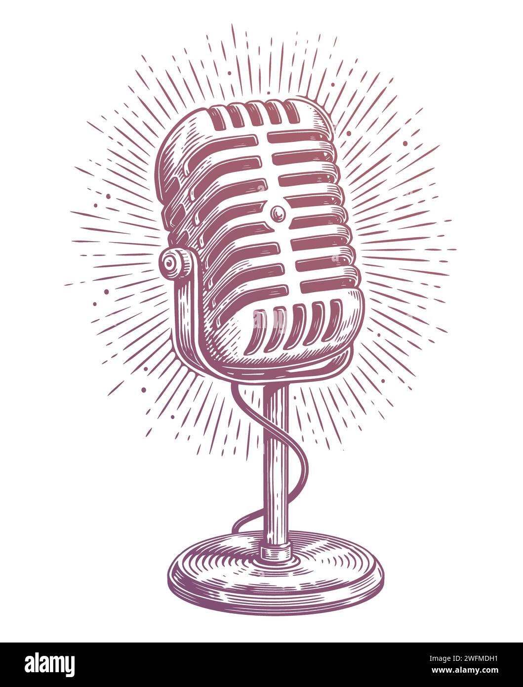 Microfono in metallo retrò sul supporto. Microfono podcast. Illustrazione vettoriale vintage Illustrazione Vettoriale