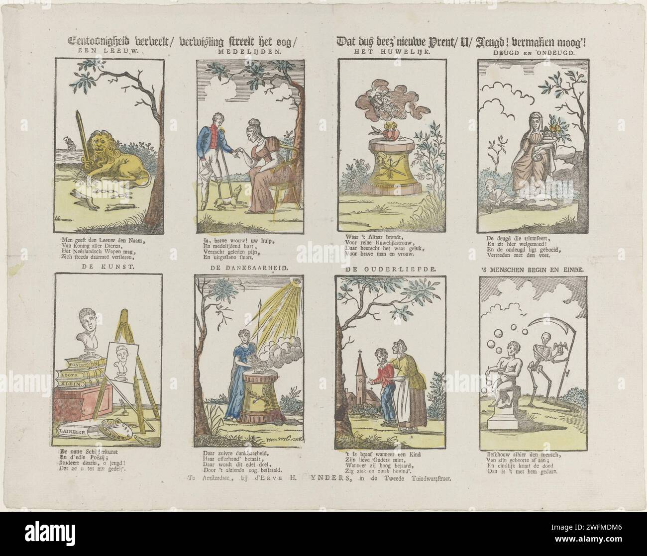 Unennaity è noioso / confonde l'occhio / che così la nuova stampa di Deez / u / gioventù! Entertain Moog'!, 1831 - 1854 Foglia stampata con 8 rappresentazioni allegoriche, tra cui pietà, matrimonio e amore dei genitori. Un verso a quattro righe sotto ogni immagine. Un titolo sopra ogni immagine. Editore: Amsterdamprint Maker: Stampa tipografica su carta olandese Mercy, Compassion; "Compassion", "Mercy" (Ripa). Represementions simboliche, Allegories and emblems  Art; 'Arte' (Ripa). "Castit Marriage", "Marital Faith", "Wedding" (Ripa) Foto Stock