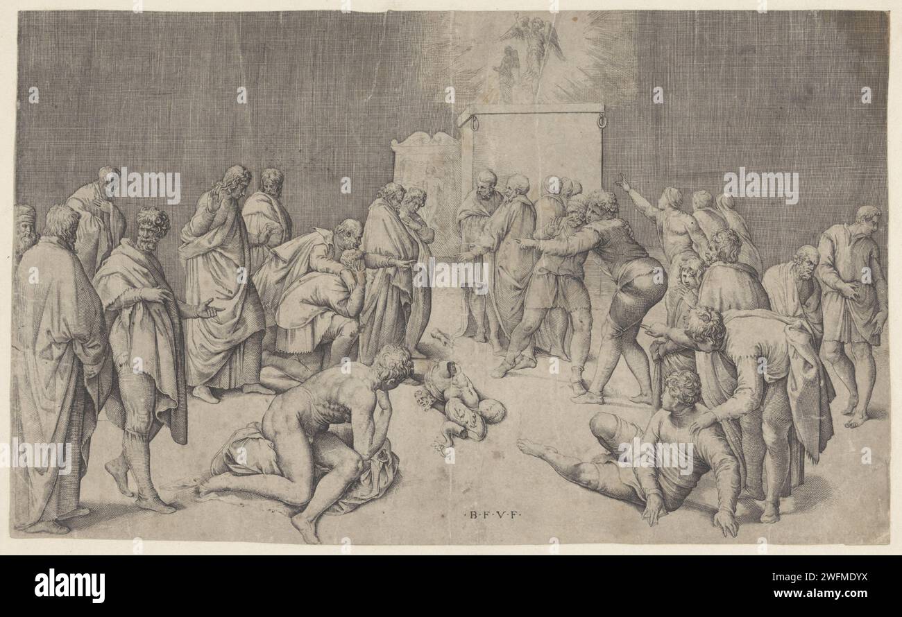 Ark des Covenant nel Tempio di Dagon, Battista Franco, 1520 - 1561 stampa The Philistines Place the Ark of the Covenant in the Temple of Dagon. Pezzi di un'immagine rotta giacciono sul pavimento. La carta italiana che incide la statua di Dagon ad Ashdod cade Foto Stock