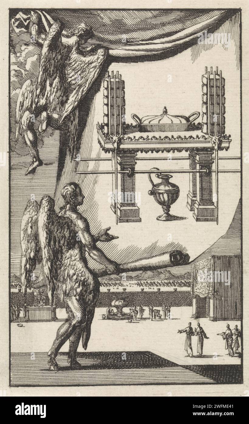 Engelen guarda il disegno per la Tavola di Toonbroden, Jan Luyken, 1705 stampa Amsterdam carta incisione tavolo del pane da esposizione nel Tabernacolo  religione ebraica. progettazione o modello architettonico. angeli Foto Stock