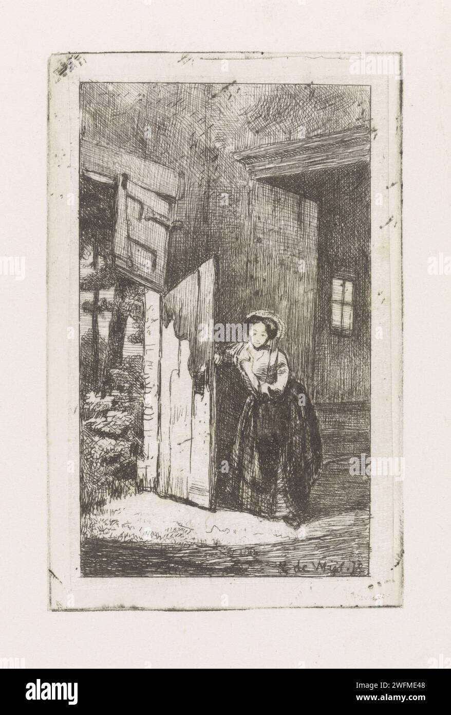 La donna apre la porta, Kornelis Jzn de Wijs, 1842 - 1896 stampa carta olandese. incisione dell'apertura della porta Foto Stock