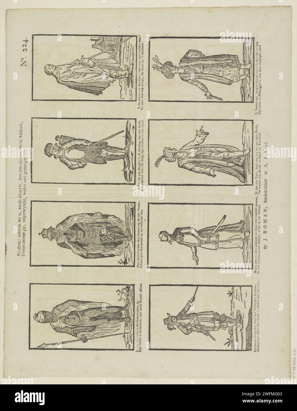 Bambini! Siamo già soddisfatti di una nuova stampa, / questo ti porta, Gyfeld, ancora una volta con piacere, 1806 - 1830 fogli stampati con 8 rappresentazioni di figure provenienti da diversi paesi. Sotto ogni immagine un verso bidirezionale. Numerato in alto a destra: N. 224. Tipografia: Olanda Editore: Zaltbommel carta tipografica stampa tipi umani. Africani. Africani. Razze e popoli asiatici: I Persiani. Razze e popoli asiatici: Turchi. Europei Foto Stock