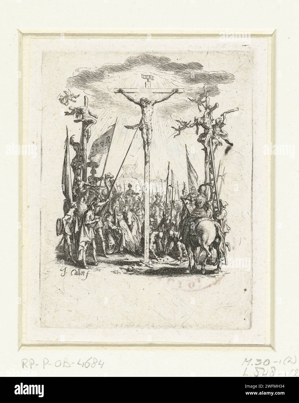 Kruisiging, Jacques Callot, 1624 - 1625 stampa Cristo sulla croce tra altri due crociati. Ai piedi della croce, tra gli altri, le tre Maria, Longino con la lancia (che è appena ferito al fianco di Cristo) e i soldati che fanno a dadi intorno ai suoi vestiti. Questa stampa fa parte della serie stampa "De Kleine Passie", composta da 12 scene della storia sofferente. Carta di Nancy che incide la crocifissione di Cristo: La morte di Cristo sulla croce; Golgota (Matteo 27:45-58; Marco 15:33-45; Luca 23:44-52; Giovanni 19:25-38) Foto Stock